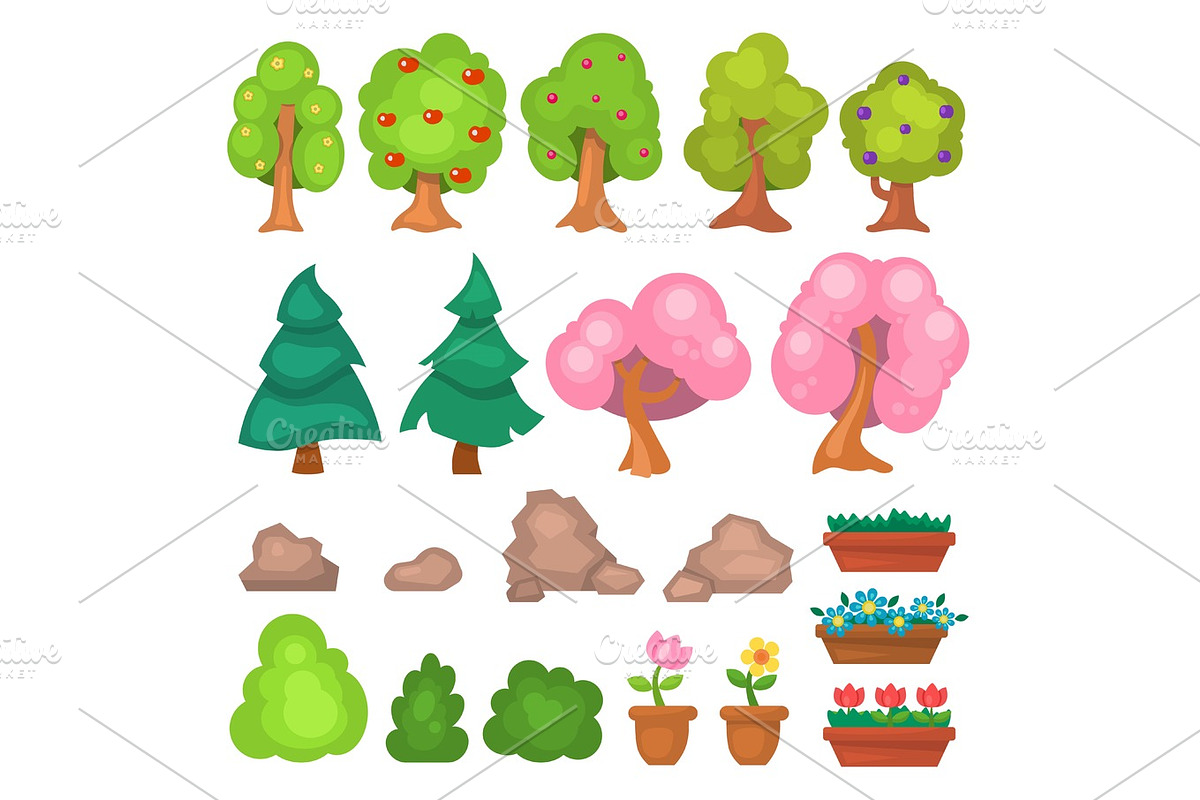 Flowers grass big and small garden trees and flowers game park elements vector illustration. in Illustrations - product preview 8