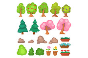Flowers grass big and small garden trees and flowers game park elements vector illustration.