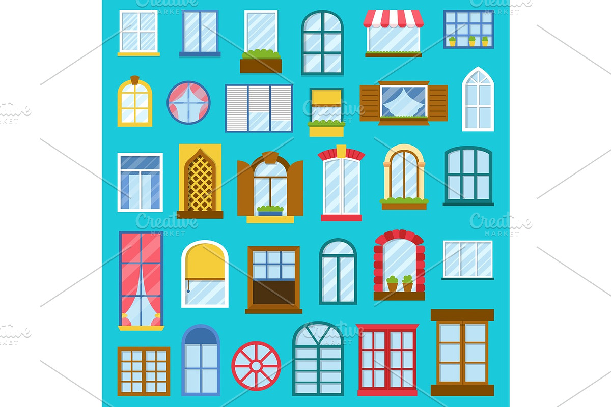 Different house opened windows vector elements collection isolated illustration in Objects - product preview 8