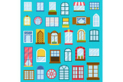 Different house opened windows vector elements collection isolated illustration