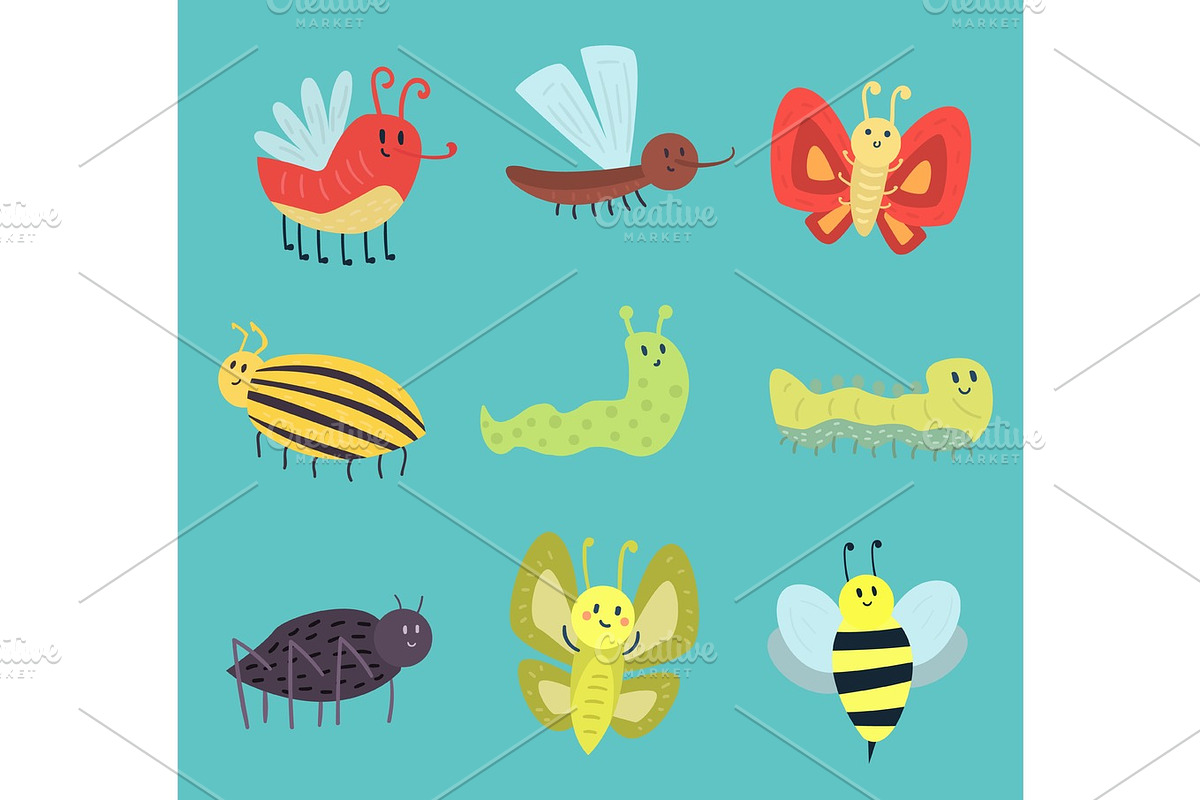 Colorful insects icons isolated wildlife wing detail summer worm caterpillar bugs wild vector illustration. in Objects - product preview 8