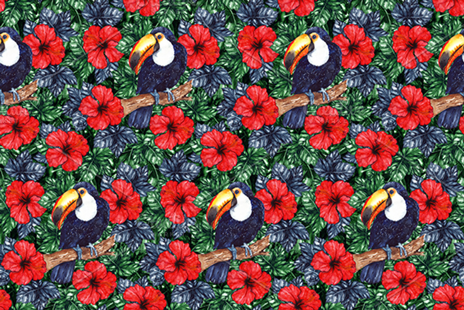 Toucan hibiscus seamless pattern