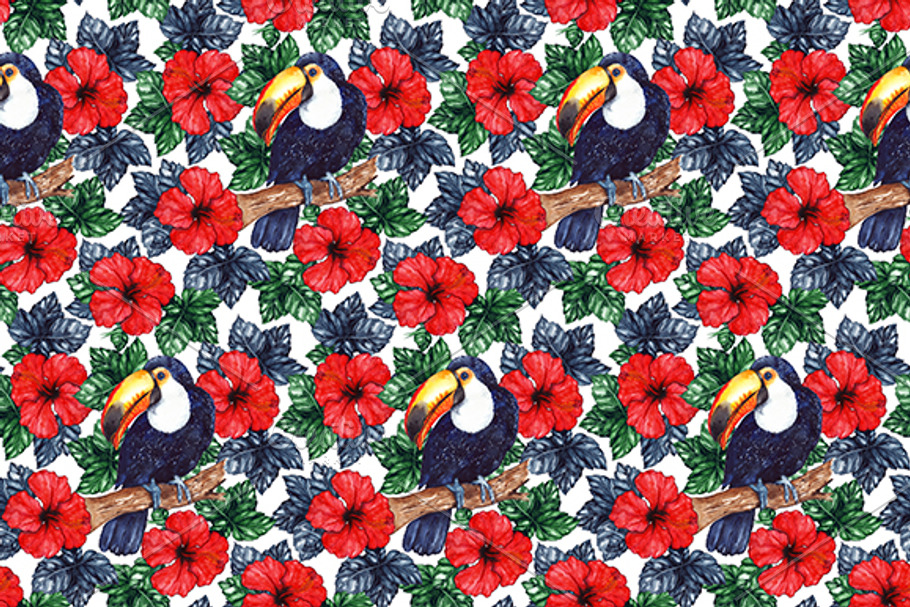 Toucan hibiscus seamless pattern