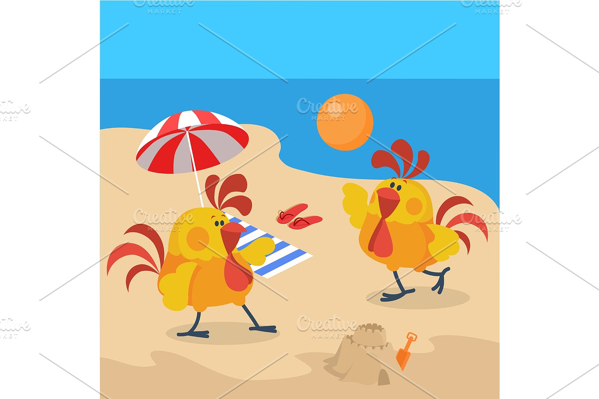 Rooster Birds on the Beach. Cock Play Volleyball in Objects - product preview 8
