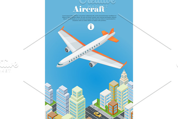 Aircraft Flying Over the City Web Banner. Vector