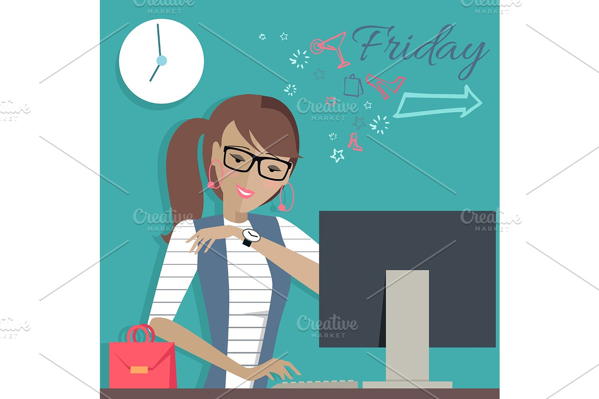 Friday Working Day. Woman Dreaming About Weekends. in Illustrations - product preview 8