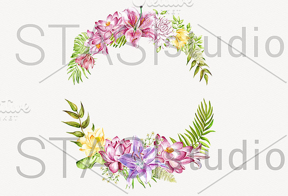 Watercolor Tropical Flowers Wreath in Illustrations - product preview 3
