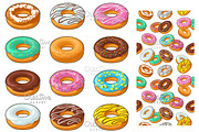 Set donut with different icing, glaze, stripes, sprinkles.