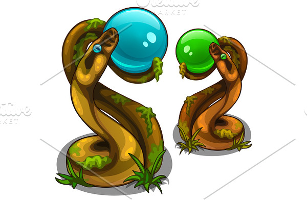 Figurines of snakes holding balls, blue and green