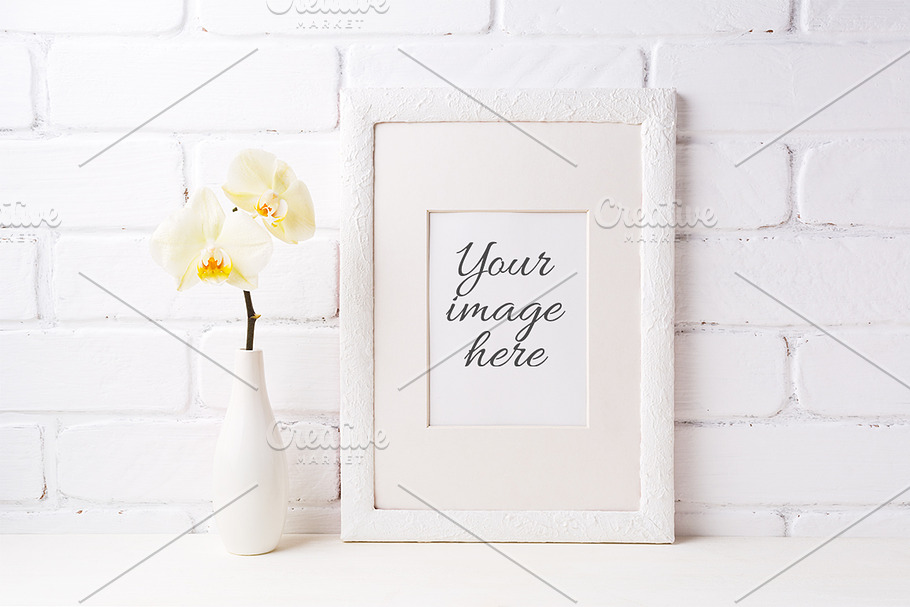 White frame mockup with yellow orhid in Print Mockups - product preview 8
