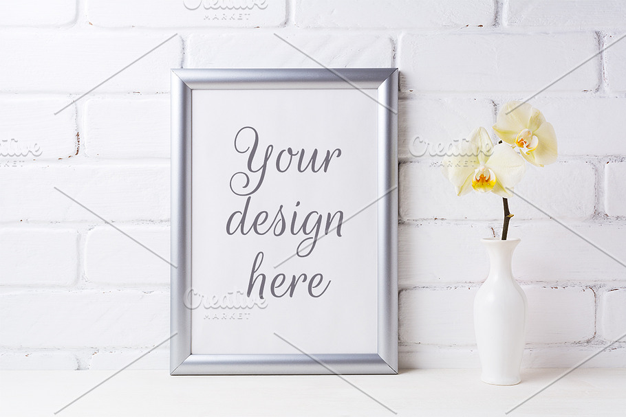 Silver frame mockup with orhid in Print Mockups - product preview 8