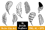 16 Doodle Feathers Clipart