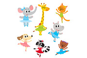 Cute little animal characters, ballet dancers in pointed shoes and tutu skirts