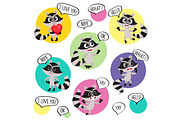 Emoji, emoticon stickers with cute raccoon character and speech bubbles