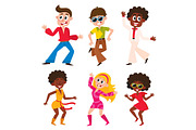 Set of cartoon style retro disco dancers, black and Caucasian