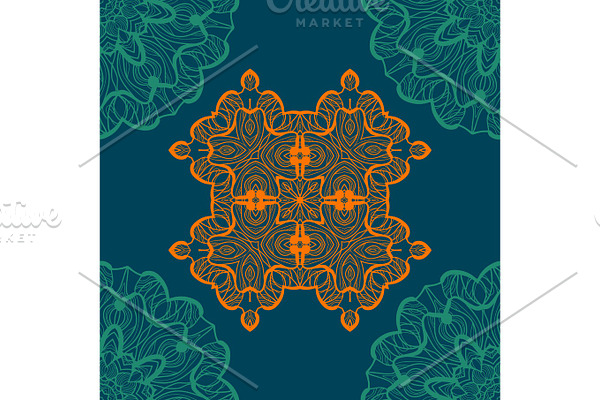 Mandala-like open-work seamless texture. Hand-drawn new-age round lace pattern. Abstract vector tribal ethnic yoga yantra background endless tile on blue color background