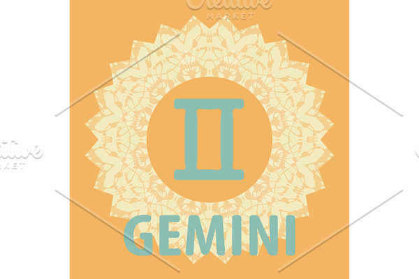 Gemini. Twins. Zodiac icon with mandala print. Vector icon.