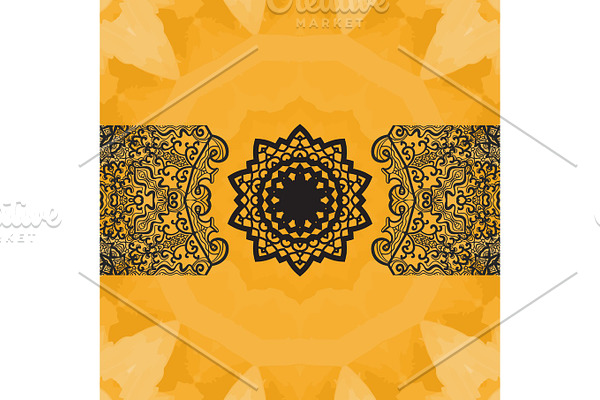 Elegant oriental frame on seamless watercolor texture. Hand-drawn mandala flower in center copyspace above and beneath. Ornamental lace. Abstract vector tribal ethnic yoga yantra endless pattern. 