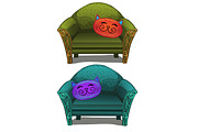 Two sofas with cushions in form of head cats