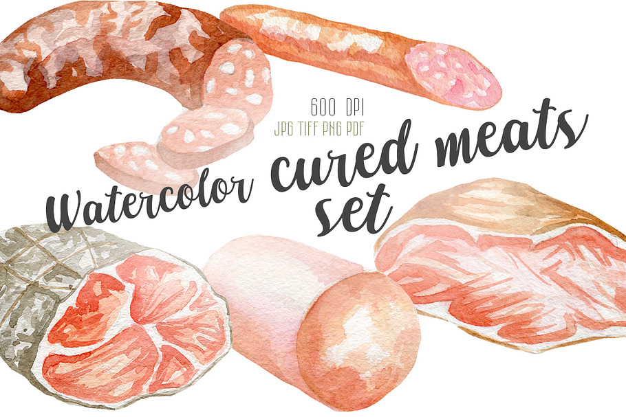 Watercolor cured meats set in Illustrations - product preview 8