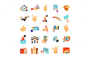 Hands holding different objects icon set