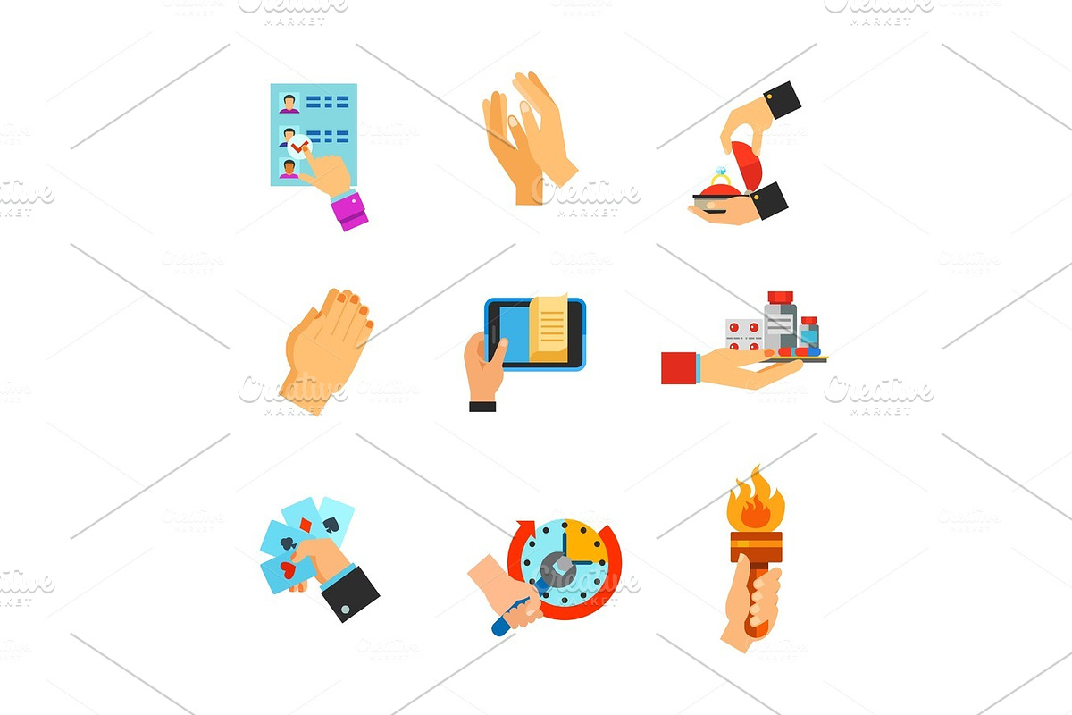 Hands with objects icon set in Illustrations - product preview 8