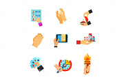 Hands with objects icon set