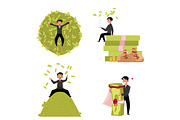 Reach businessman, marrying to money, lying, sitting on it, throwing