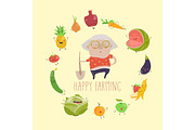 Cute granny farmer with funny vegetables