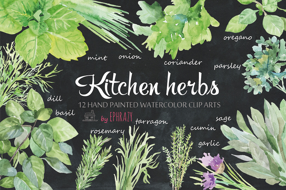 Kitchen herbs. Watercolor clipart in Illustrations - product preview 8