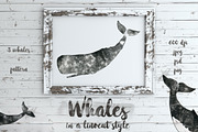Whales in a linocut print style