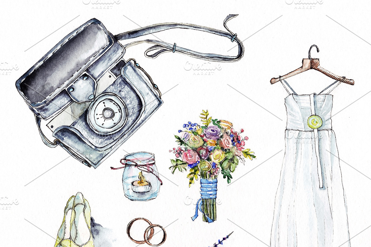 Wedding illustration, watercolor set in Illustrations - product preview 8