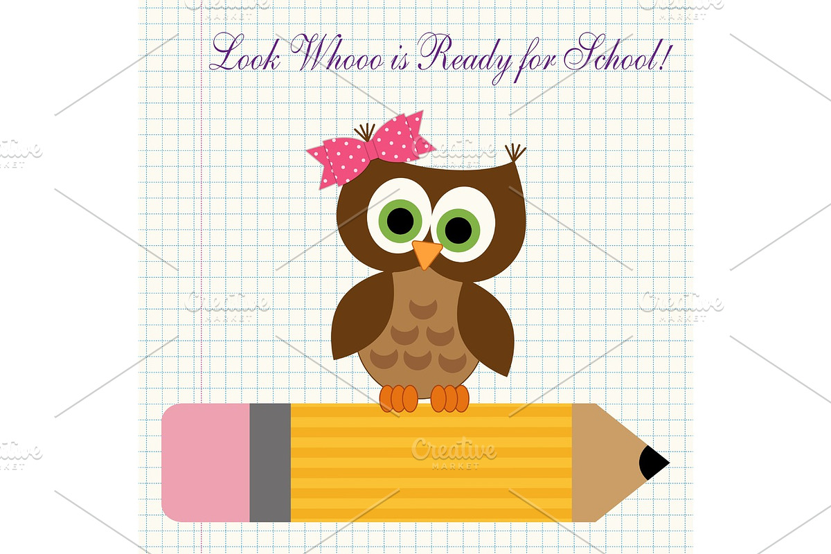 Cute character of little owl sitting on a pencil against copybook squared paper background in Illustrations - product preview 8