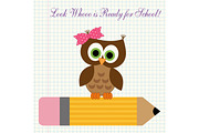 Cute character of little owl sitting on a pencil against copybook squared paper background