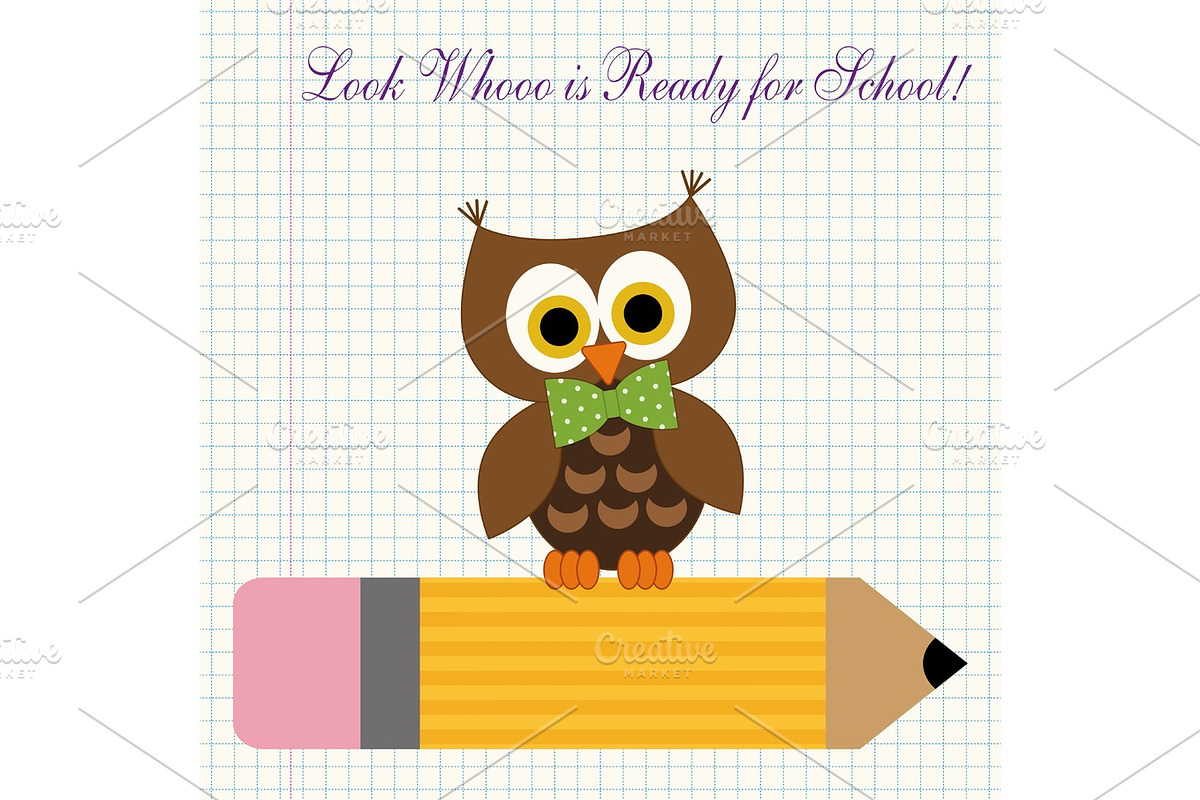 Cute character of little owl sitting on a pencil against copybook squared paper background in Illustrations - product preview 8