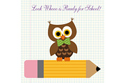 Cute character of little owl sitting on a pencil against copybook squared paper background
