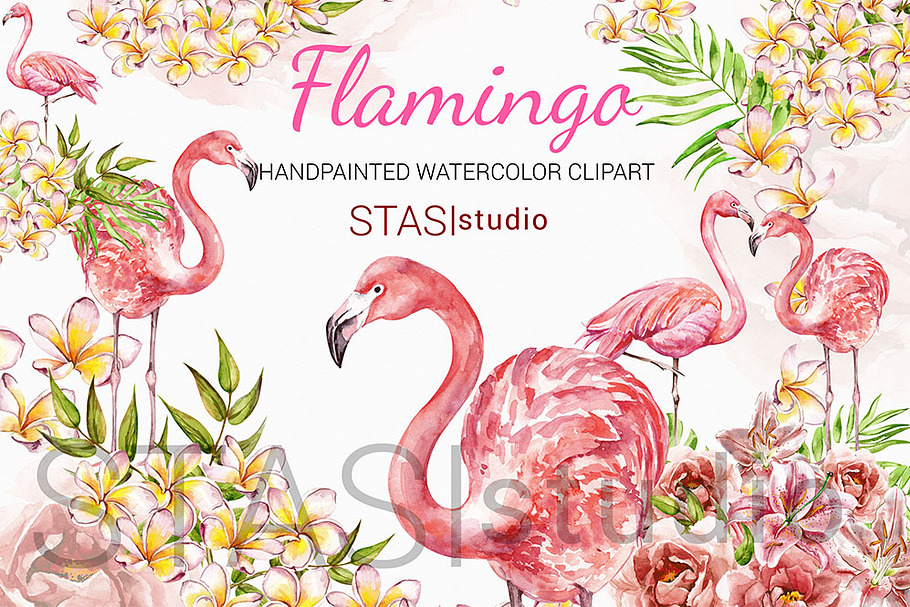 Watercolor Flamingo Clipart in Illustrations - product preview 8