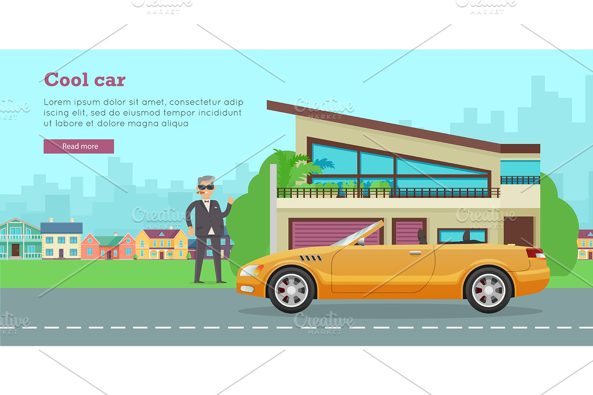 Cool Car Flat Style Vector Web Banner in Illustrations - product preview 8