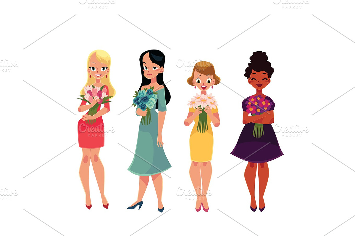 Set of beautiful women, girl standing, holding bunched of flowers in Illustrations - product preview 8
