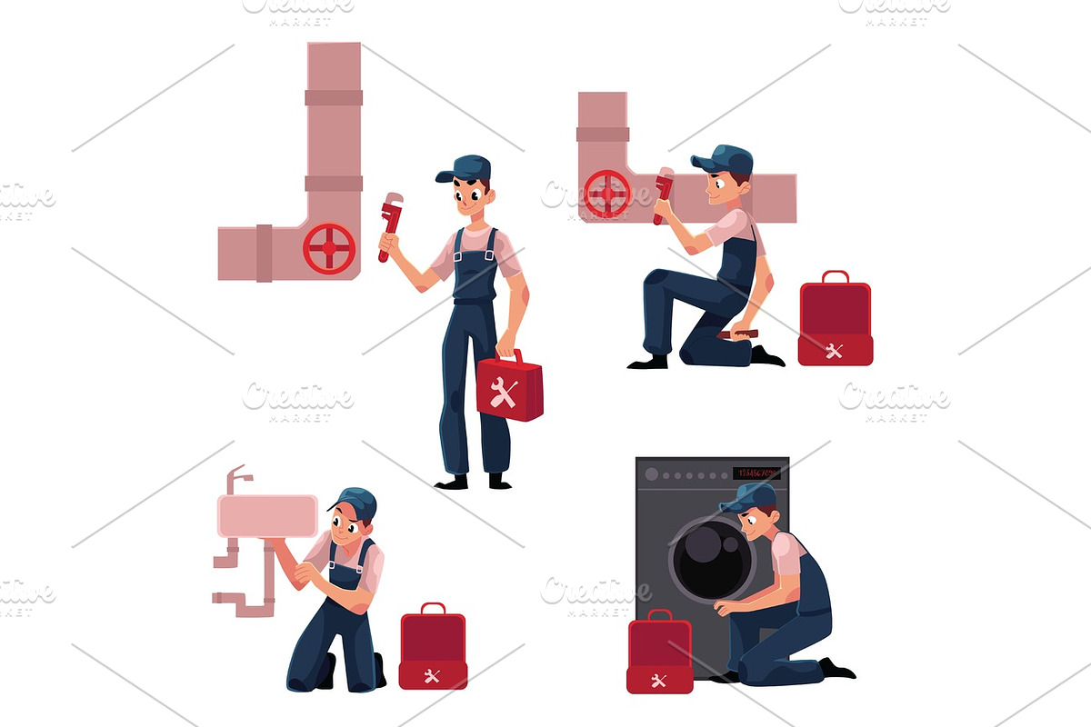 Plumbing specialist at work, repairing sewage pipes, sink, washing machine in Illustrations - product preview 8