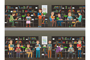 People Read in the Library Vector Illustration Set