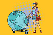 Woman tourist with a Luggage cart with the planet Earth