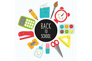 Cute childish Back to School supplies as smiling cartoon characters