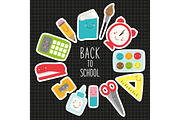 Cute childish Back to School supplies as smiling cartoon characters