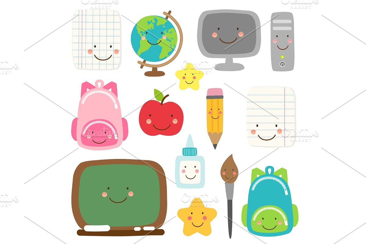 Cute childish Back to School supplies as smiling cartoon characters in Objects - product preview 8