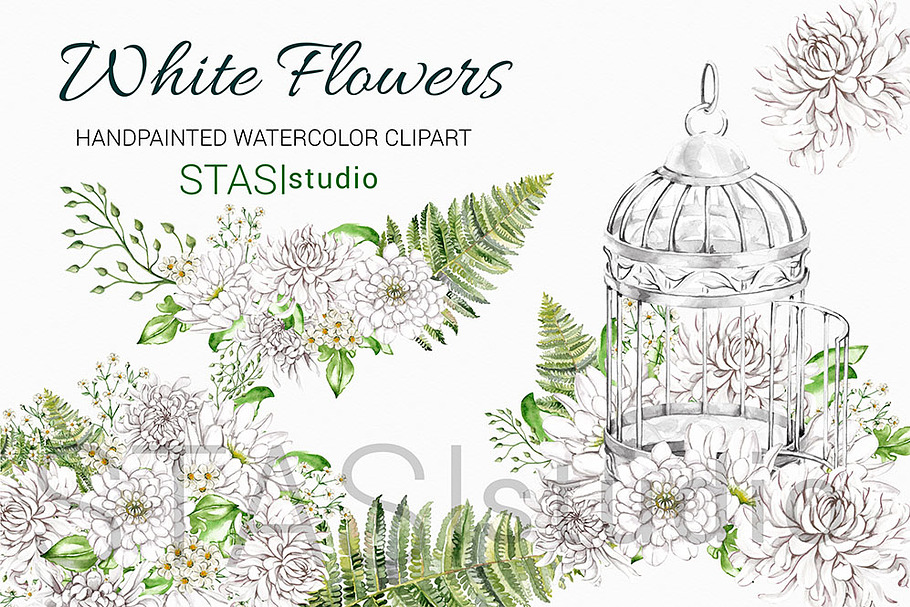 White Flowers Watercolor Clipart