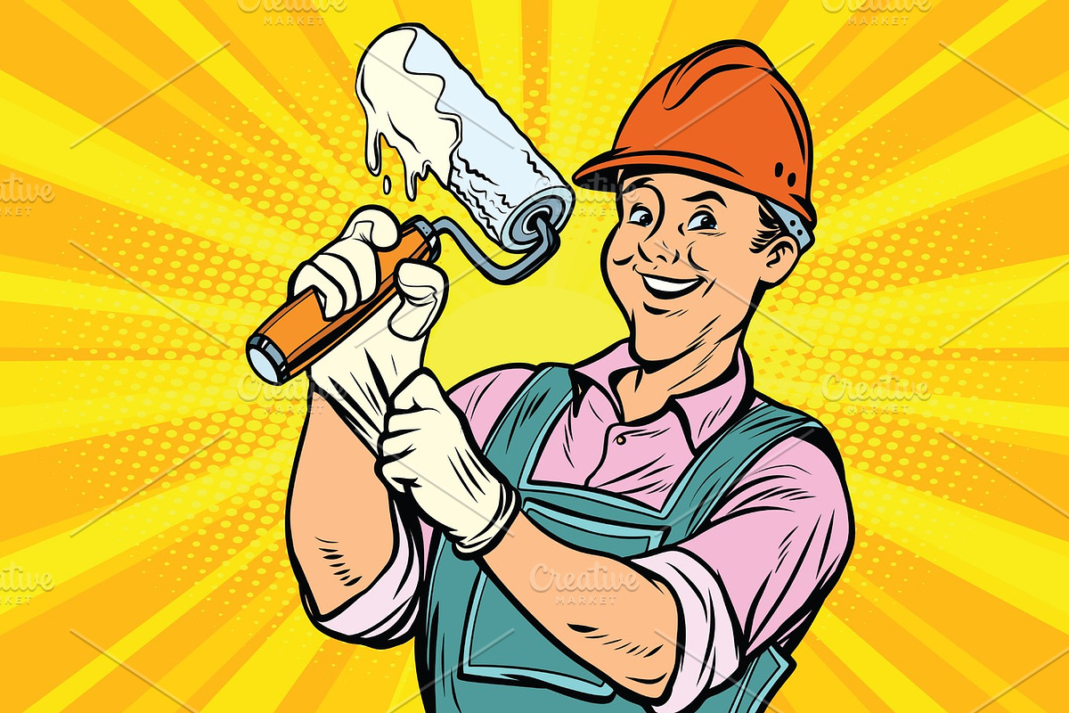 Construction worker with roller for paint in Illustrations - product preview 8