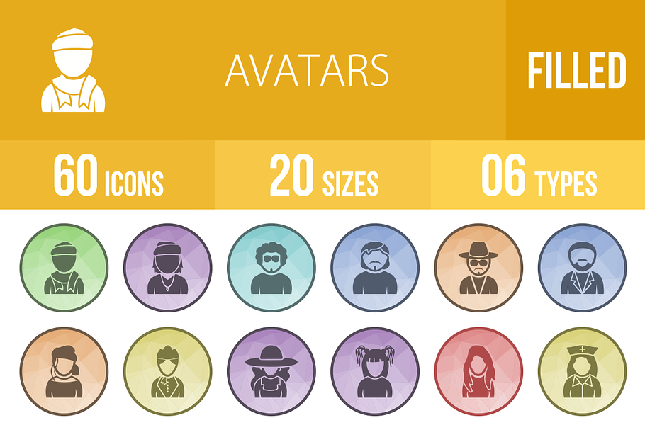 60 Avatars Filled Low Poly B/G Icons in Graphics - product preview 8
