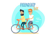 Friendship Day. Two Best Friends on Double Bicycle