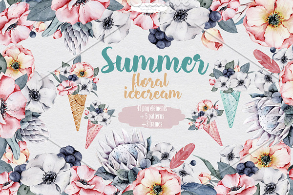Floral icecream big watercolor set